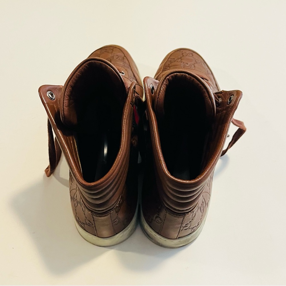 Gucci Guccissima Brown Leather High Top Men’s Signature Sneakers Size 8 G - Picture 3 of 9